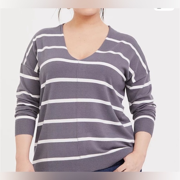 Torrid Plus Size 2X Gray White Strip Pullover Drop Shoulder Sweater - Picture 1 of 8